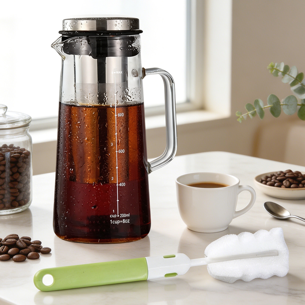 Coffee Maker - ハンドル付きの1L/33.82ozのコールドブリューコーヒーメーカー。アイスコーヒー、紅茶用の、洗浄ブラシ付きの延長型ステンレス製フィルター。